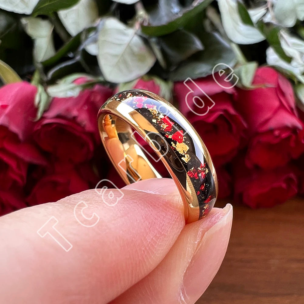 Dropshipping 6mm 8mm 18k Gold Farbe Kuppel Ehering Schöner Wolframkarbid Ring mit roter und Goldfolieninlage Comfort Fit