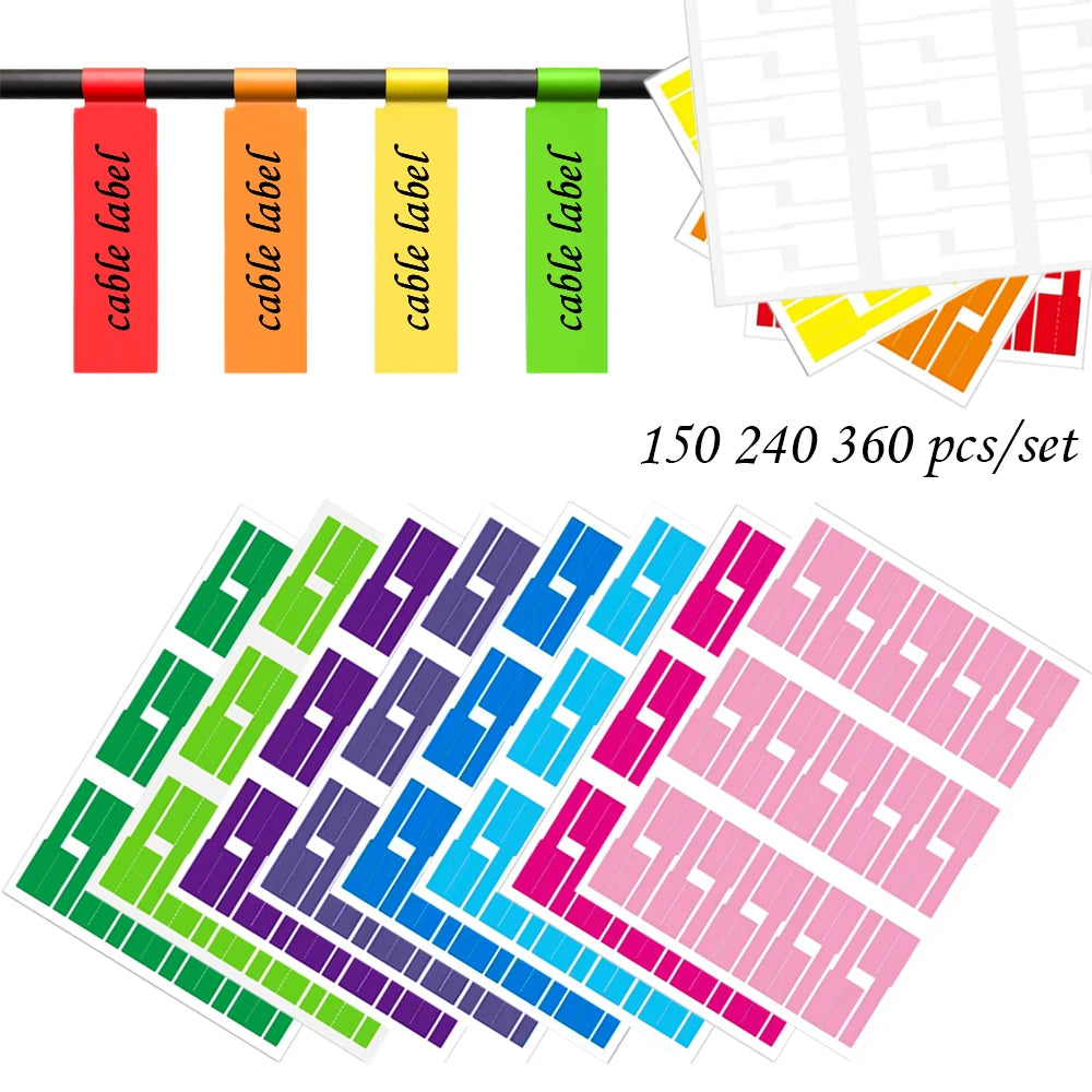 150–1080 Stück selbstklebende Kabeletiketten, bunte, wasserdichte Kabelmarkierungsbinder, Druckeraufkleber, Faserdraht-Etiketten, Organizer
