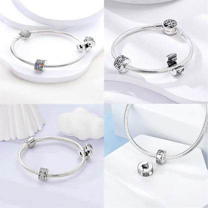925er Silber eingelegte Zirkoniumblumen, vierblättriges Kleeblatt, Federn, Liebesbox-Clip, Charms, Abstandsperlen, passend für Armbänder, DIY-Schmuckmarkierung