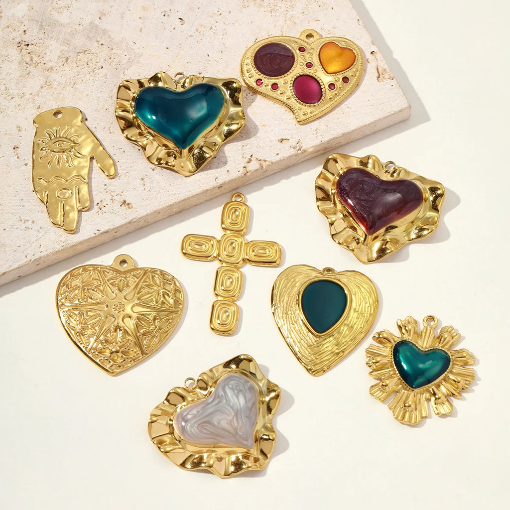 3 teile/los Französisch Retro Edelstahl Emaille Liebe Herz Halskette Anhänger Hamsa Hand DIY Ohrring Charme Frauen Große Kreuz Schmuck