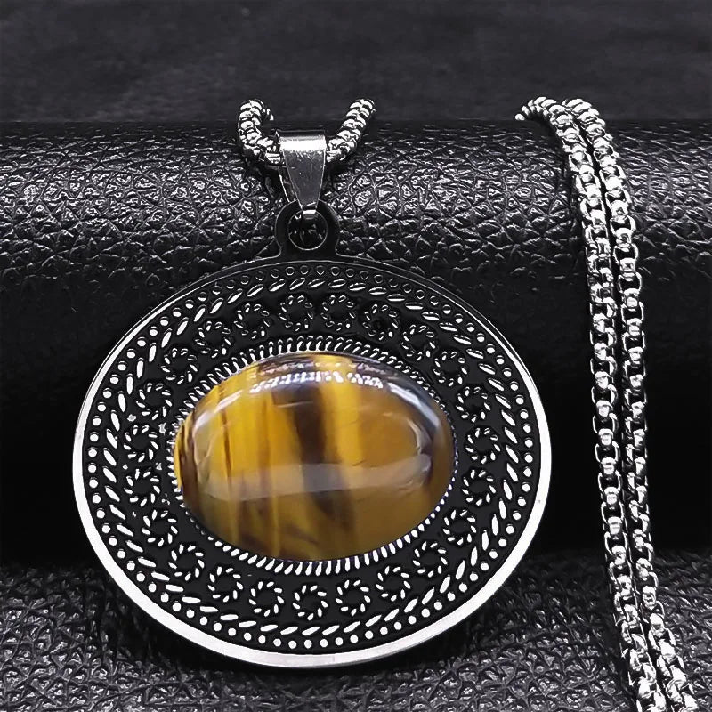 Edelstahl Böhmen Naturstein Vintage Halsketten Frauen Silber Farbe Oval Kette Halskette Schmuck Reiki Healing Geschenk N8150