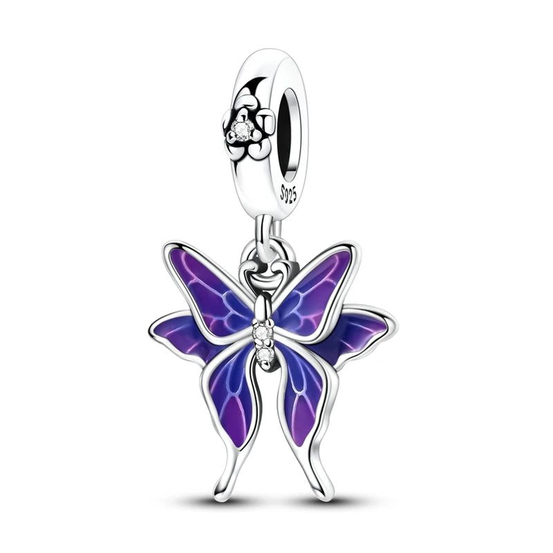 Exquisiter 925er-Sterlingsilber-Charm mit funkelndem Edelstein, Schlüssel, Blume, Schmetterling, passend für DIY-Armbänder, Halsketten, edler Schmuck, Geschenke