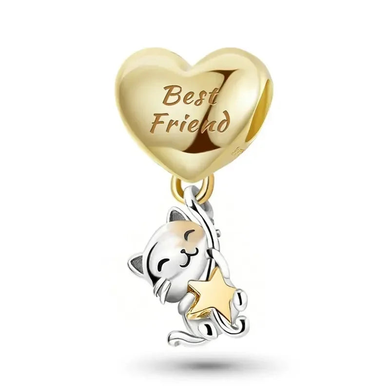 Charms aus 925er-Sterlingsilber mit Tierhantel, niedlicher rosa Hund, Perlen, passend für DIY-Armbänder, Armreifen, Geschenk von hochwertigem Schmuck