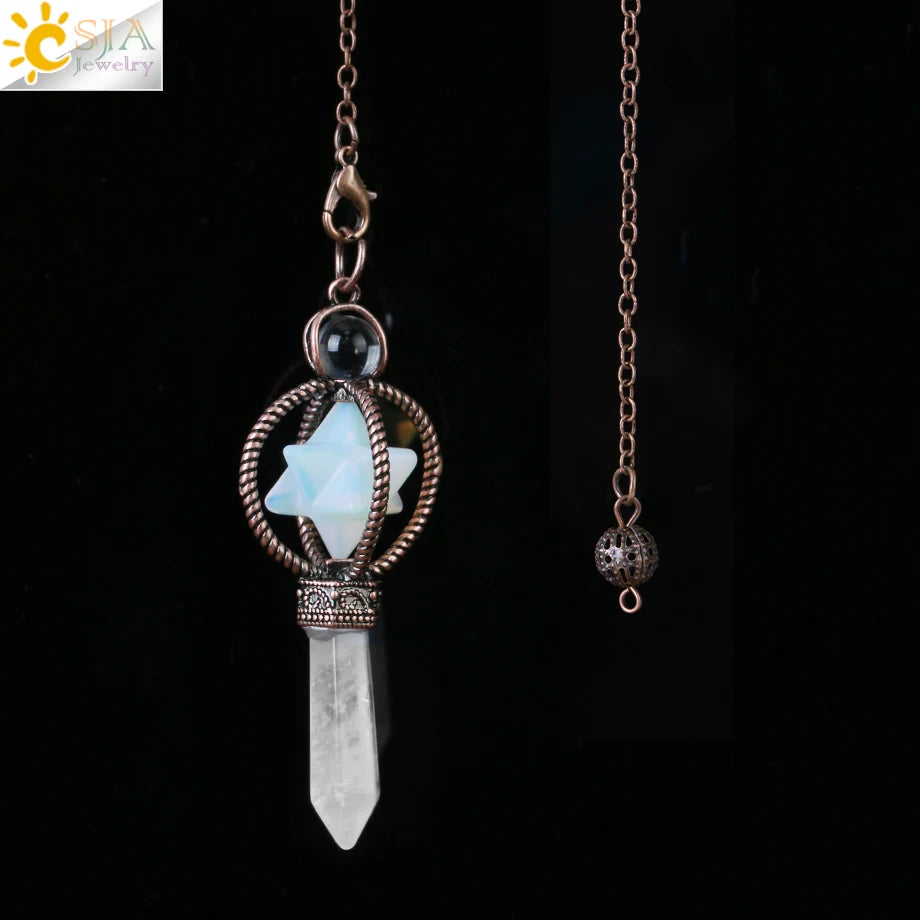 CSJA Esoterik Kristallpendel für Wünschelpen, Weissagung, Pendel, Merkaba, Naturstein-Anhänger, klarer Quarz, rote Bronze, G930