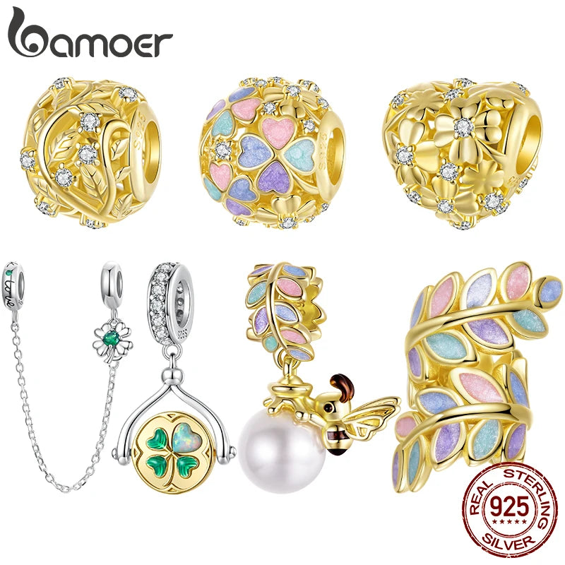 Bamoer 925 Sterling Silber Herbst Gold Blätter Charms Glück Vierblättriges Kleeblatt Spinning Anhänger für Frauen Armband DIY Schmuck Geschenk