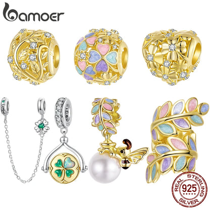 Bamoer 925 Sterling Silber Herbst Gold Blätter Charms Glück Vierblättriges Kleeblatt Spinning Anhänger für Frauen Armband DIY Schmuck Geschenk
