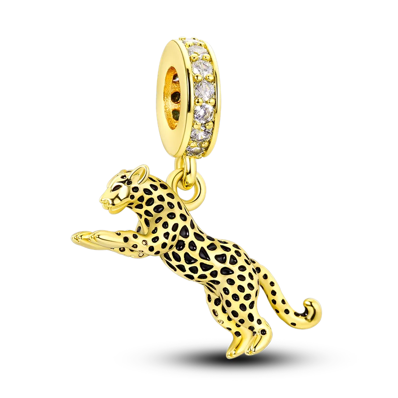 Gold-Serie, DIY-Charms, Original-Charms aus 925er-Sterlingsilber mit eingelegtem Zirkonium, Sonnen- und Leoparden-Anhänger, passend für Armbänder, Schmuck, Geschenkmarkierung