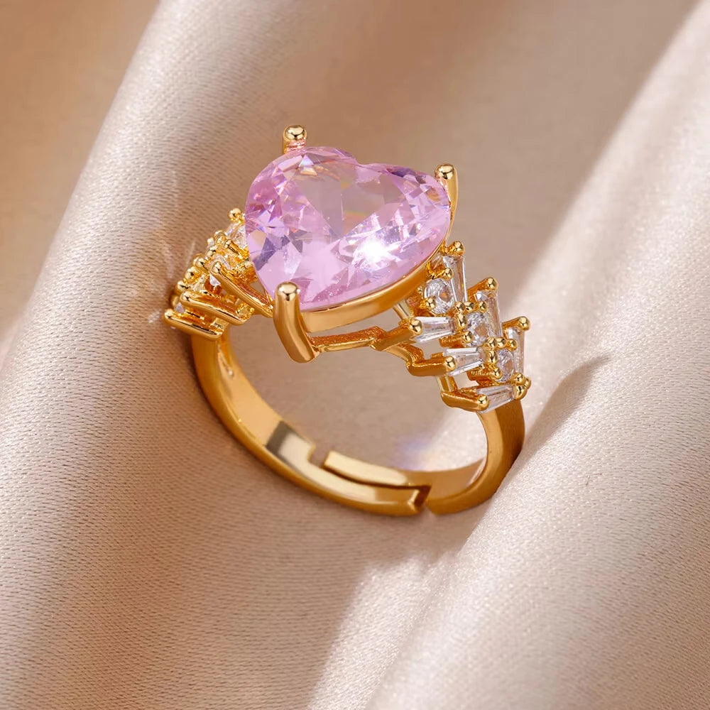Luxus Edelstahl Ringe Vergoldet Bunte Stein Zirkon Kristall Herz Ring Für Frauen Hochzeit Boho Schmuck Weihnachtsgeschenk