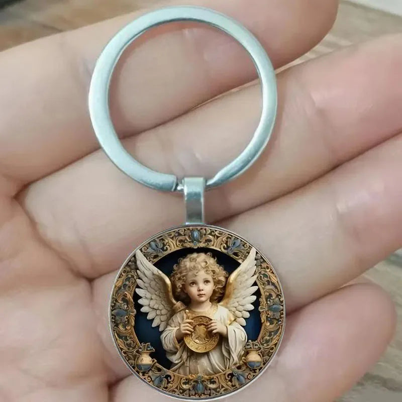 Modische Schlüsselanhänger mit niedlichen Engelsmustern, Schlüsselanhänger aus Cabochon-Glas, Autodekorationen für Männer und Frauen, Hochzeiten, Geburtstage, gr