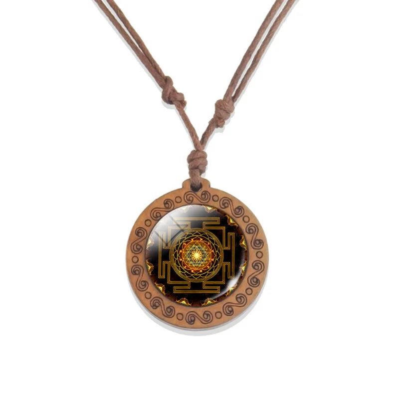 Mandala glass necklace, retro art, wooden pendant, Buddhist sacred geometry, jewelry, spiritual yoga gift