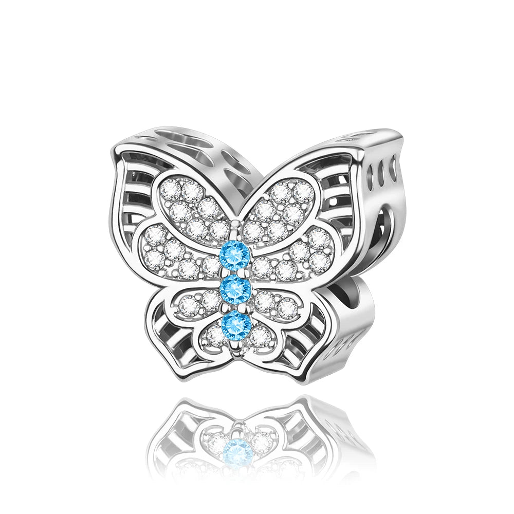 Exquisiter 925er-Sterlingsilber-Charm mit funkelndem Edelstein, Schlüssel, Blume, Schmetterling, passend für DIY-Armbänder, Halsketten, edler Schmuck, Geschenke