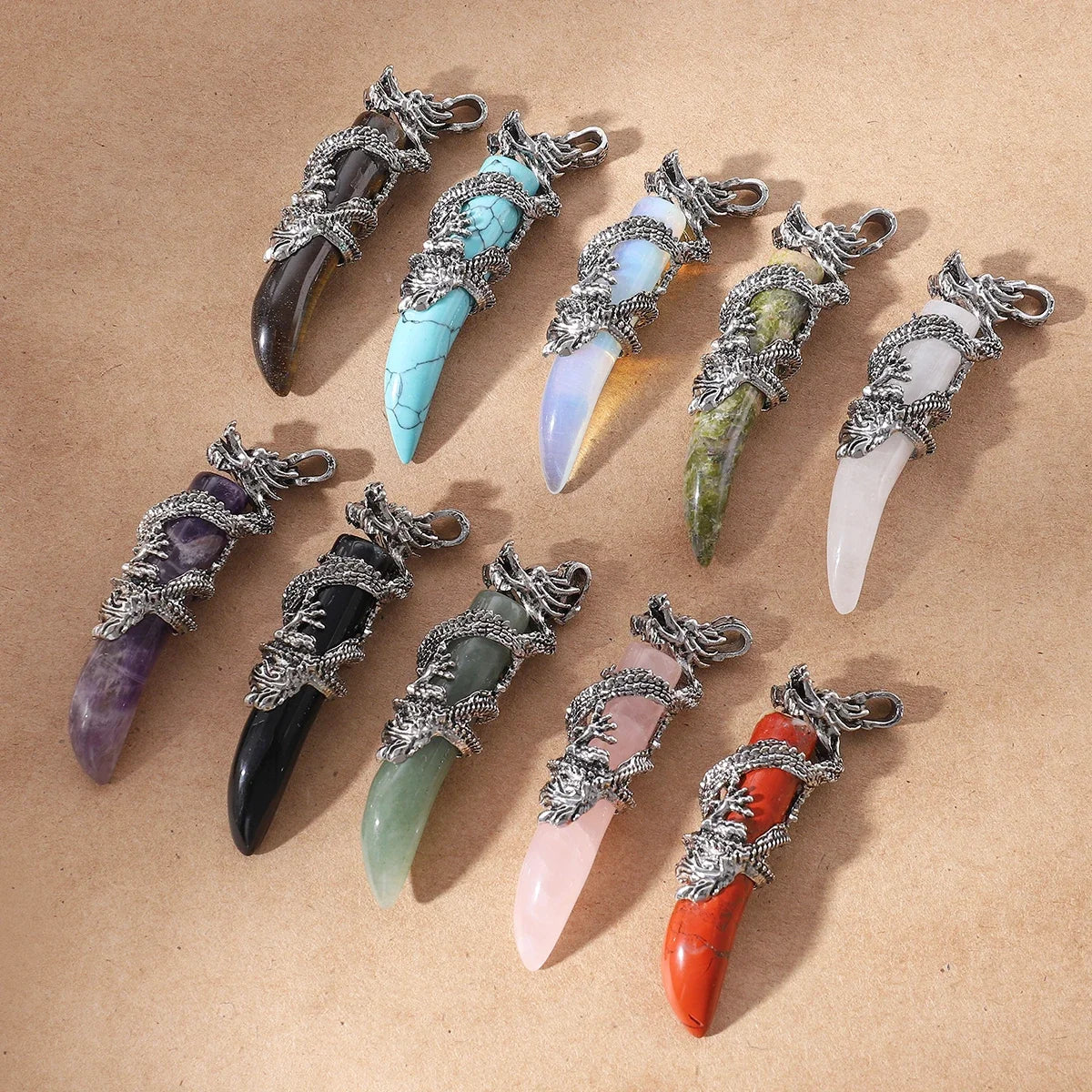Vintage Herren Kristall-Halskette Drachen Naturstein Rosa Quarz Obsidian Amethyst Anhänger Edelstahl-Halsketten Amulett
