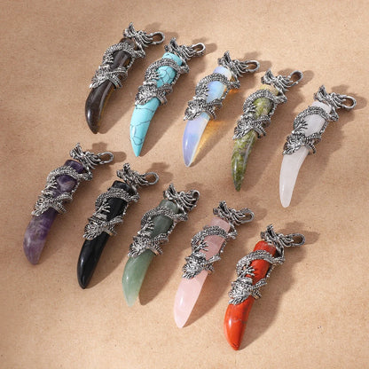 Vintage Herren Kristall-Halskette Drachen Naturstein Rosa Quarz Obsidian Amethyst Anhänger Edelstahl-Halsketten Amulett