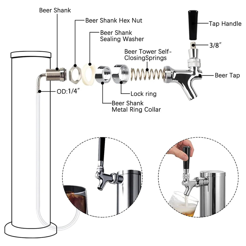 Fassbier-Wasserhahn, verchromte Kegerator-Bierhahn-Wasserhähne mit 1/4 Zoll Messingrohr-Winkel, selbstgebrautes Turmschaft-Baugruppe
