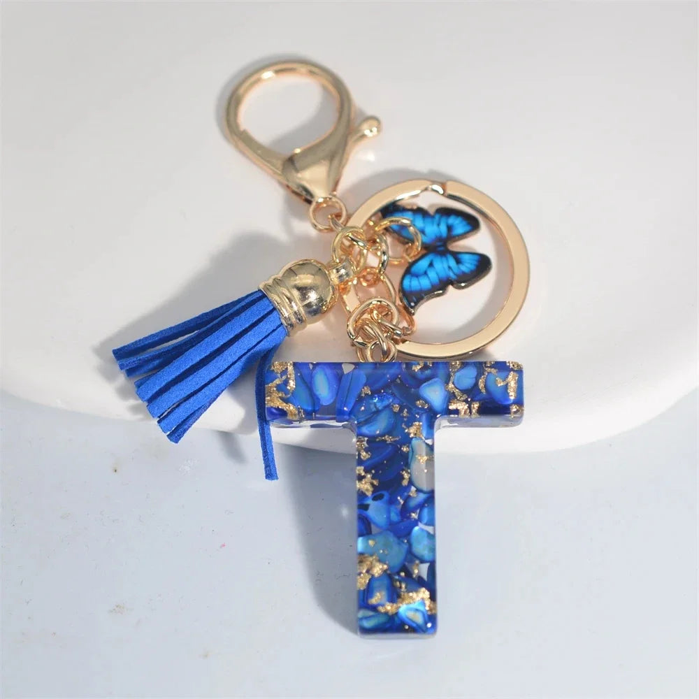 Modischer blauer glasierter Stein, A bis Z, Buchstaben-Schlüsselanhänger, 26 Initialen, Alphabet, Schmetterling, Quaste, Anhänger, Auto-Schlüsselanhänger, Damenschmuck, Geschenke