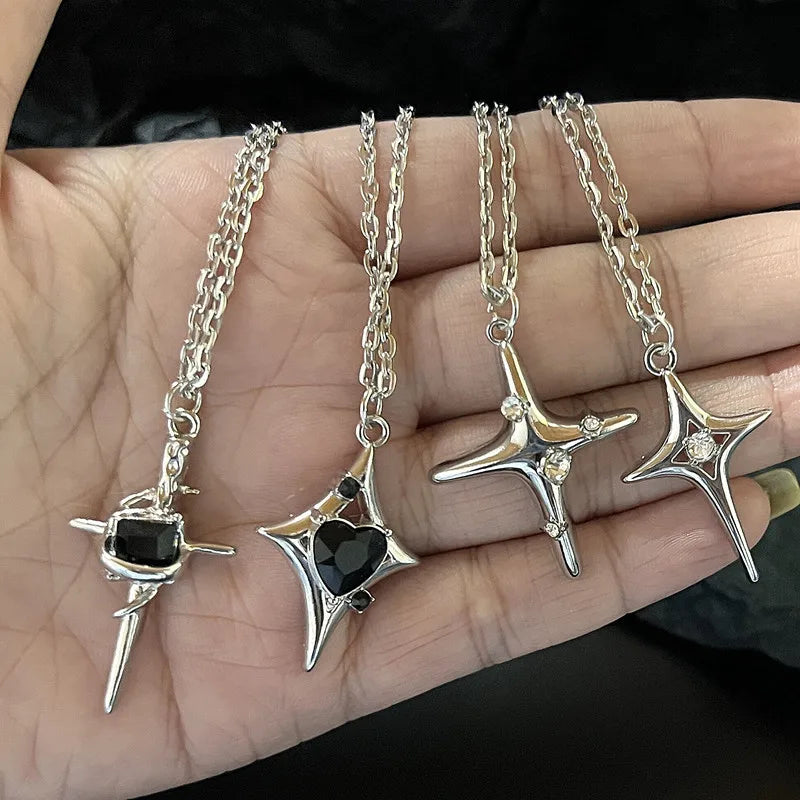 Silber Kreuz besetzte Diamant vierzackige Stern Halskette für Männer und Frauen Vintage Schlüsselbein Kette Party Schmuck