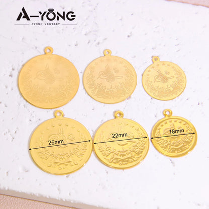 10 Stück vergoldete Münzen Anhänger 21 Karat Gold Farbe Türkische Lira Anpassen Halskette Armband Teile Dubai Islamischer Vintage-Schmuck