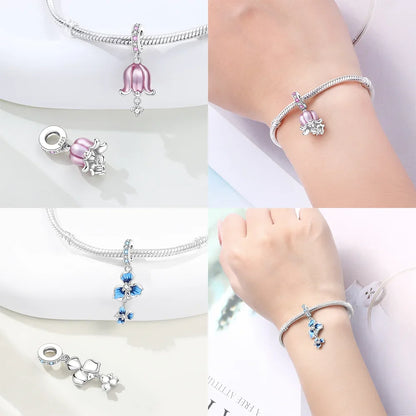 Charms aus 925er Silber, Blumenserie, lila Iris, Lilie, rosa Lilie, Perlen-Anhänger, passend für Original-Armbänder, Modeschmuck, DIY-Frauen-Geschenke