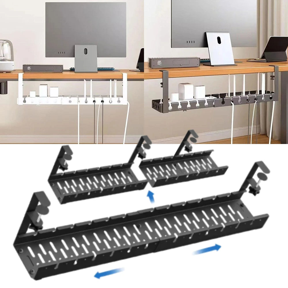 Ausziehbares Kabelmanagement-Tablett unter dem Schreibtisch, robust, ohne Bohren, Kabelablage, verstellbare Klemmen, Kabel-Organizer, Kabelversteck, Raceway