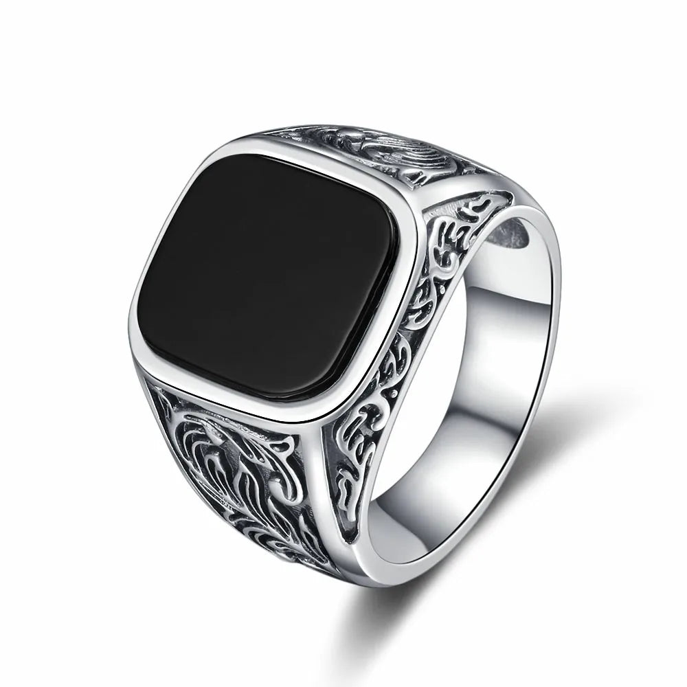 S925 Silver Jewelry Ring Natural 12*14mm Big Black Agate Stone Vintage Ring For Women Party Gifts