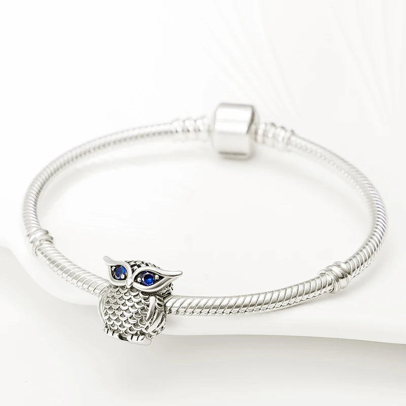Eulen-Charm-Anhänger aus 925er-Sterlingsilber mit Zirkonia, passend für DIY-Armband-Halskette, Geschenk für Sie, Colgante Plata