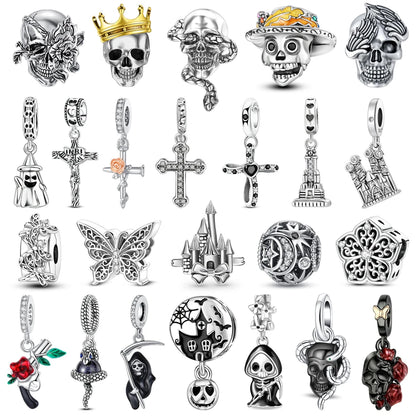 Klassische Kronen-Schädelperlen aus 925er-Sterlingsilber und Rosenpistolen-Anhänger, passend für Armbänder, exquisite Halsketten, Schmuck, Geschenke