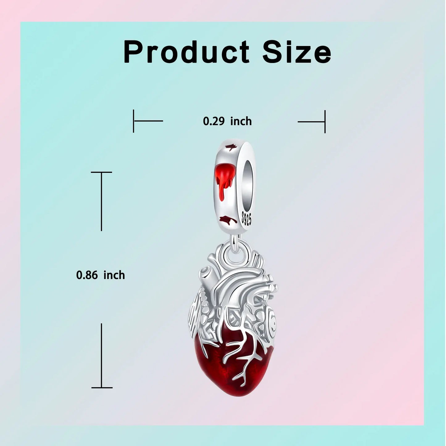Herz- und Orgel-Charm, 925er-Sterlingsilber, roter Rosenschädel, baumelnder Anhänger, dunkle ästhetische Passform, Armreif, Halskette, DIY-Schmuck