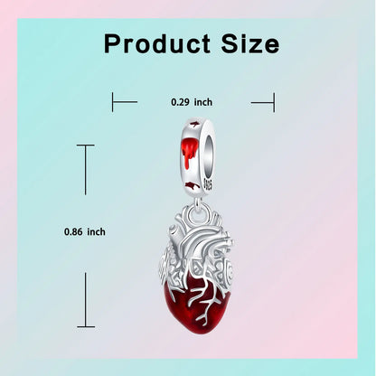 Herz- und Orgel-Charm, 925er-Sterlingsilber, roter Rosenschädel, baumelnder Anhänger, dunkle ästhetische Passform, Armreif, Halskette, DIY-Schmuck