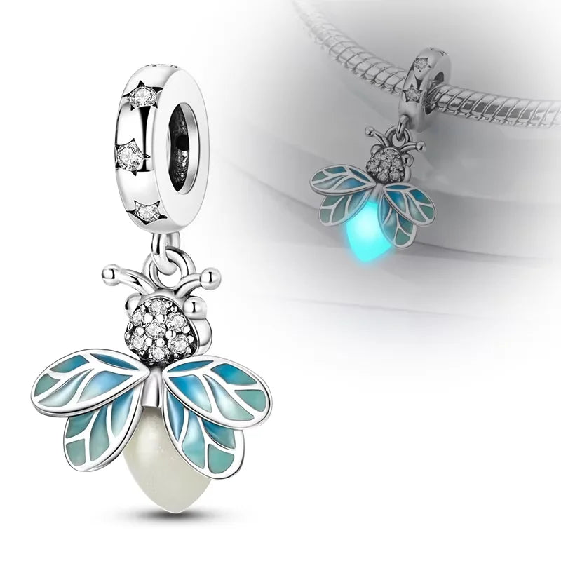Original 925er Silber-Charm-Perlen, leuchtender, leuchtender Glühwürmchen-Schmetterlings-Anhänger, passend für Armbänder, Charm-Herstellung von Schmuck