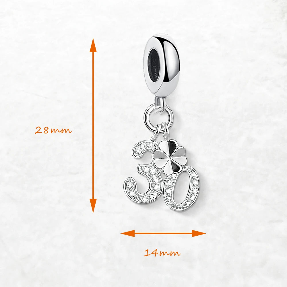 Glückszahl 30 baumelnde Charm-Anhänger für Damen und Herren, 925er Sterlingsilber, trendiger Schmuck
