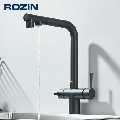 Rozin Wasserreiniger, Küchenarmatur, Schwarz, herausziehbarer flexibler Filter, Küchenarmaturen, Kran, Messing, 2-in-1-Mischbatterie für heißes und kaltes Wasser