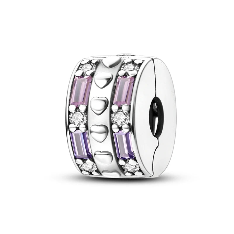 Silber-Charm, 925er-Sterlingsilber, Clip-Charms, Sicherheitsketten-Charm, CZ-Pavé, runde Clip-Perlen, passend für Original-Armbänder, Schmuckherstellung