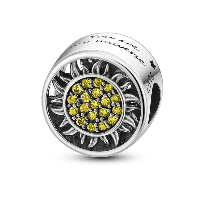 Neu im 925er-Sterlingsilber, goldene Sonnenblume, glückliche Sterne, passend für Original-Armbänder, Halsketten, Sonne, Mond, Diamant-Charm, Schmuck zum Selbermachen