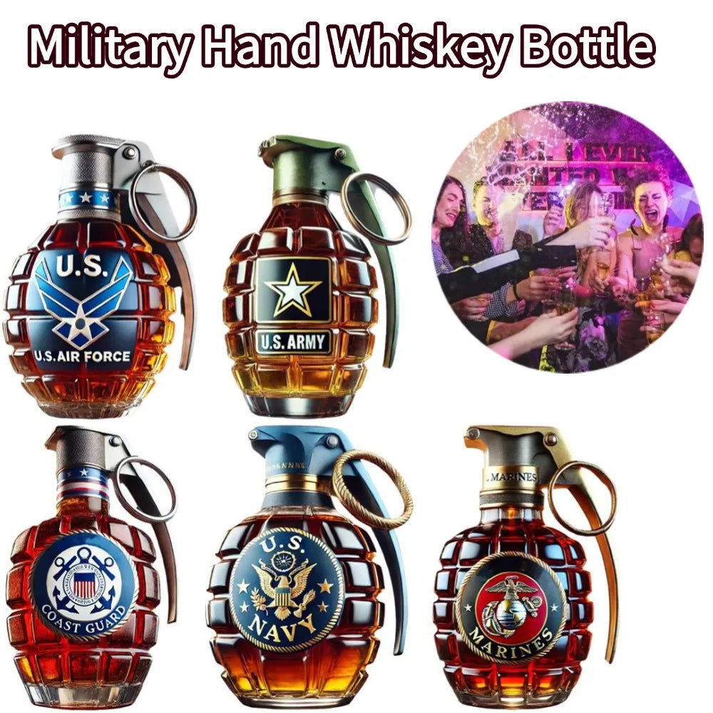 Militärische Hand-Whisky-Flasche mit gravierter Granate, Whiskyglas für Bar, Büro, Wein, Cocktail-Flasche, Statue, Veteran-Gedenk