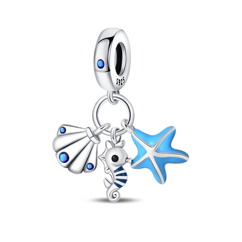 Ocean Series 925er Sterlingsilber, Wal, Schildkröte, kleiner Fisch, Qualle, Delfin, blauer Charm, passend für DIY-Armband, Halskette, Party-Schmuck