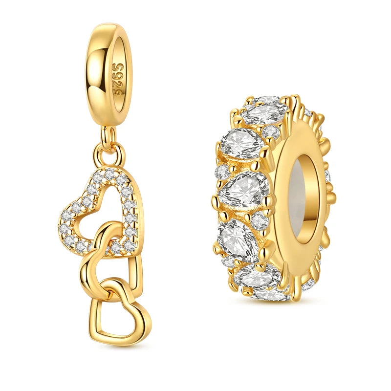 Goldfarbene Charms aus 925er Sterlingsilber, original goldene Sicherheitskette, runder Abstandshalter-Clip-Charm, DIY-Schmuck für Damen, Armband, Geschenk