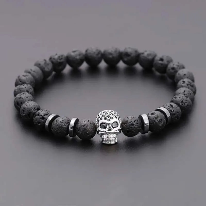 Black Eye Skull Hematite Beaded Bracelet Men Classic Handmade 8mm Lava Stone Charm Bracelet for Men Jewelry Gift