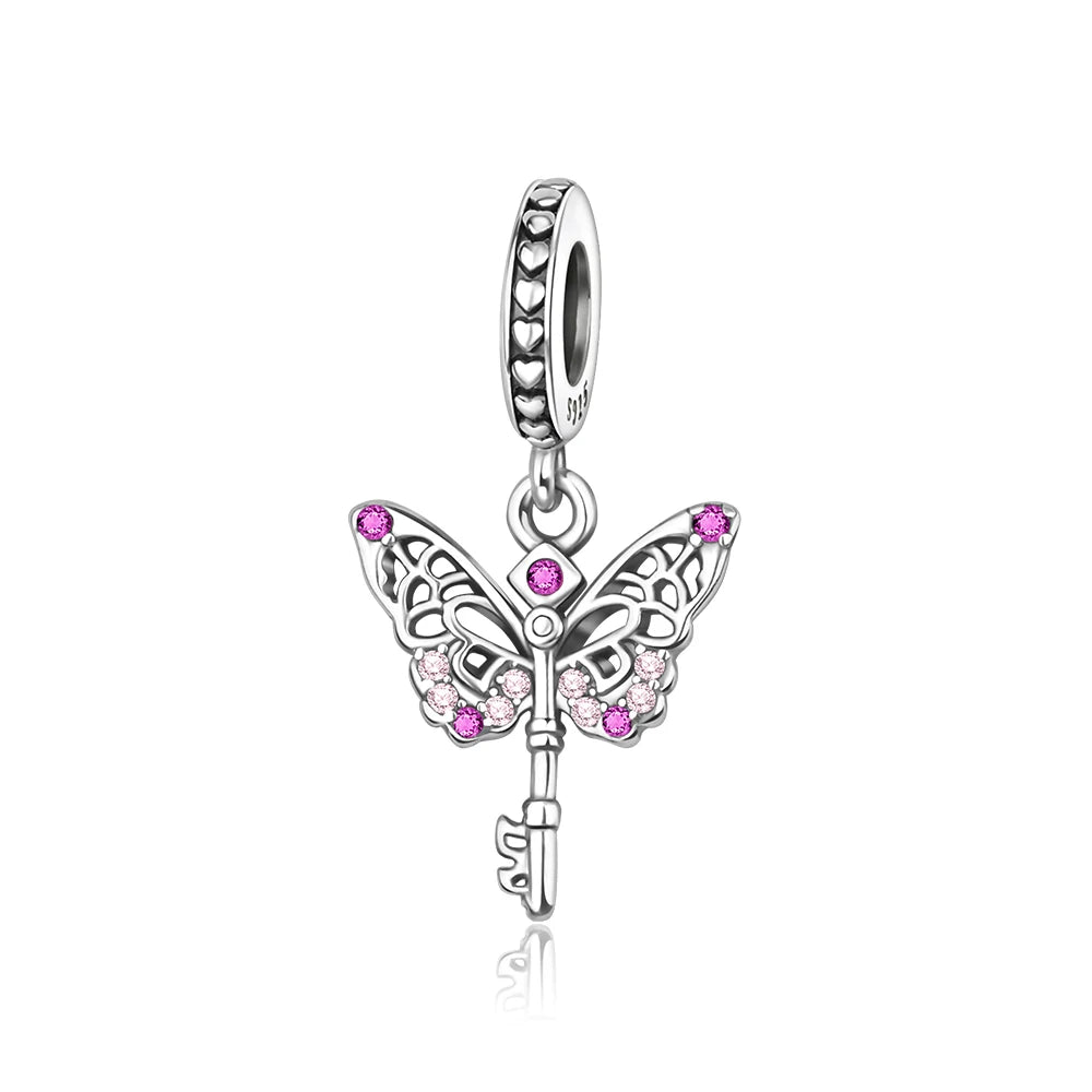 Exquisiter 925er-Sterlingsilber-Charm mit funkelndem Edelstein, Schlüssel, Blume, Schmetterling, passend für DIY-Armbänder, Halsketten, edler Schmuck, Geschenke