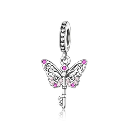 Exquisiter 925er-Sterlingsilber-Charm mit funkelndem Edelstein, Schlüssel, Blume, Schmetterling, passend für DIY-Armbänder, Halsketten, edler Schmuck, Geschenke