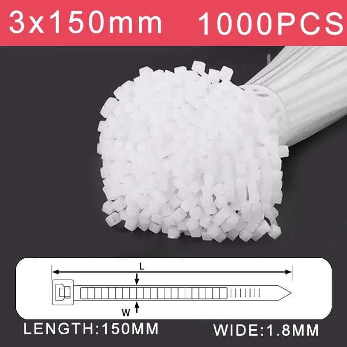 250/500/1000 Stück weiße selbstsichernde Kunststoff-Nylon-Kabelbinder 3 * 100 3 * 150 4 * 200 Befestigungsring Nylon-Klemmband mit Schloss