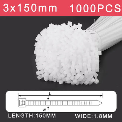 250/500/1000 Stück weiße selbstsichernde Kunststoff-Nylon-Kabelbinder 3 * 100 3 * 150 4 * 200 Befestigungsring Nylon-Klemmband mit Schloss