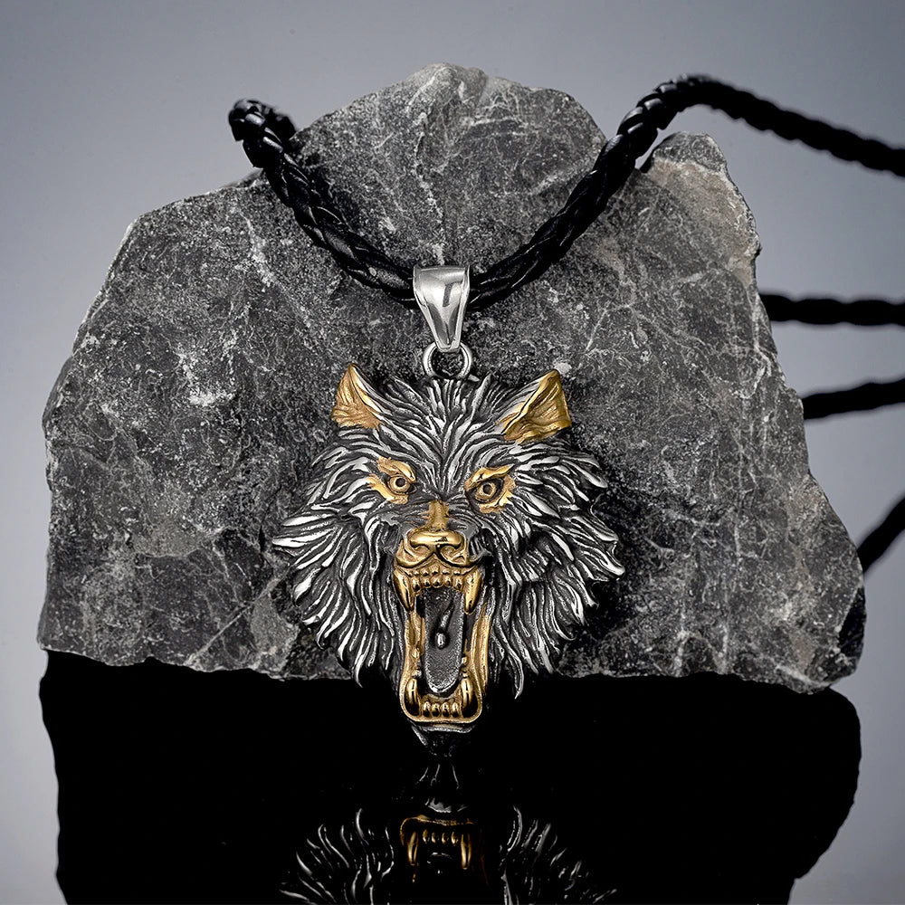 Punk Vikings Wolf Head Necklaces Stainless Steel Vintage Nordic Odin's Wolf Pendant Amulet Men Charm Genuine Leather Rope Jewelry