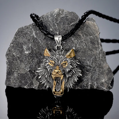Punk Vikings Wolf Head Necklaces Stainless Steel Vintage Nordic Odin's Wolf Pendant Amulet Men Charm Genuine Leather Rope Jewelry