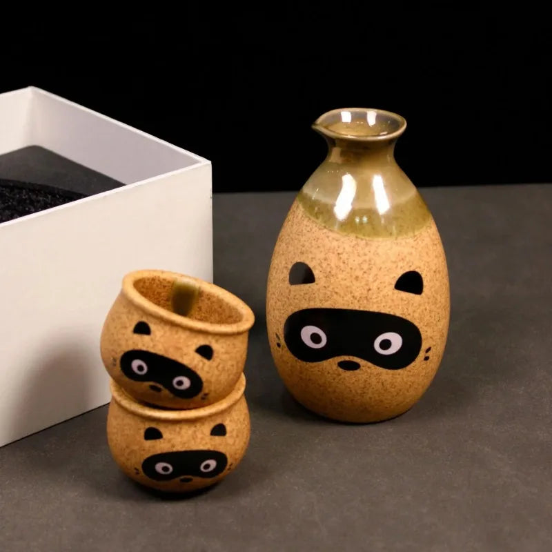 Japanisches Sake Pot Kit Handbemalt Zibet Katze Shochu Cup Set Retro Wein Keramik Zwei Tassen Barzubehör für Geschenk Bar Sets Zubehör
