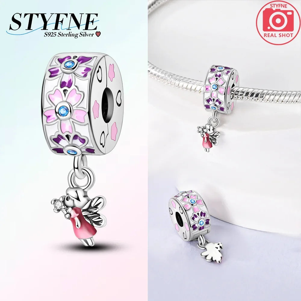 925er Silber eingelegte Zirkoniumblumen, vierblättriges Kleeblatt, Federn, Liebesbox-Clip, Charms, Abstandsperlen, passend für Armbänder, DIY-Schmuckmarkierung