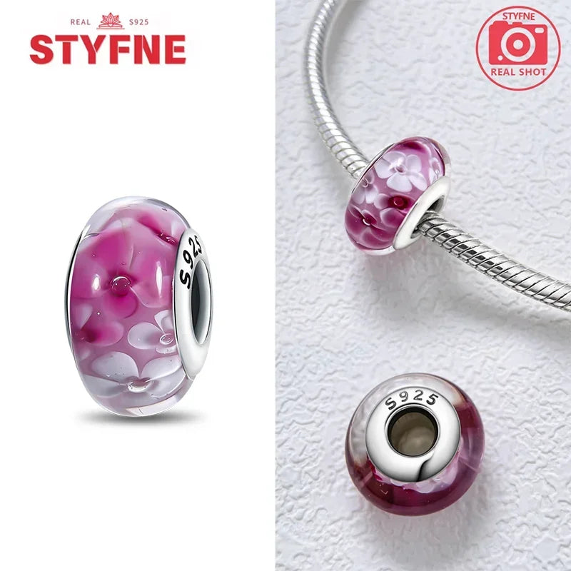 Echtes Sterlingsilber 925, Blumen-Charms, Glas, neue Original-Perle, bunt, Murano, passend für Original-Armbänder, DIY für Frauen, Schmuck, Geschenke