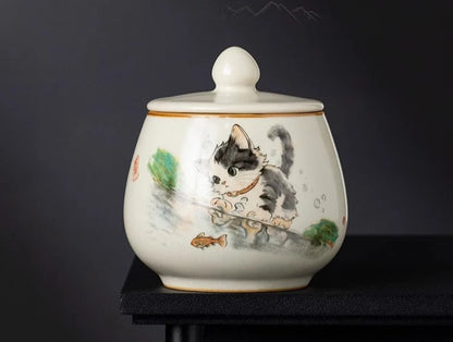 Funeral Ashes Glass Urn for Human Cremation Pet Ashes Holder Ceramic Keepsake Pal Ashes Urns Casket Seal Cute Cat Pattern