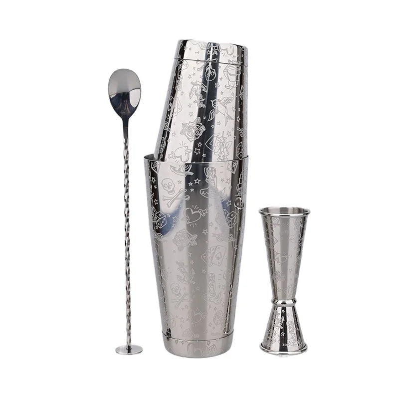 Elegantes Edelstahl Boston Cocktail Shaker Set 500/700ml+30/60ml Jigger — Graviert, Barkeeper, Barzubehör, Mixer, Professionell