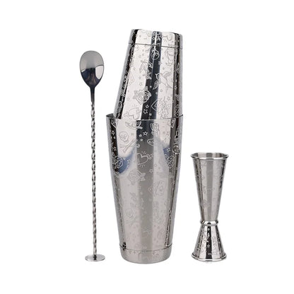 Elegantes Edelstahl Boston Cocktail Shaker Set 500/700ml+30/60ml Jigger — Graviert, Barkeeper, Barzubehör, Mixer, Professionell