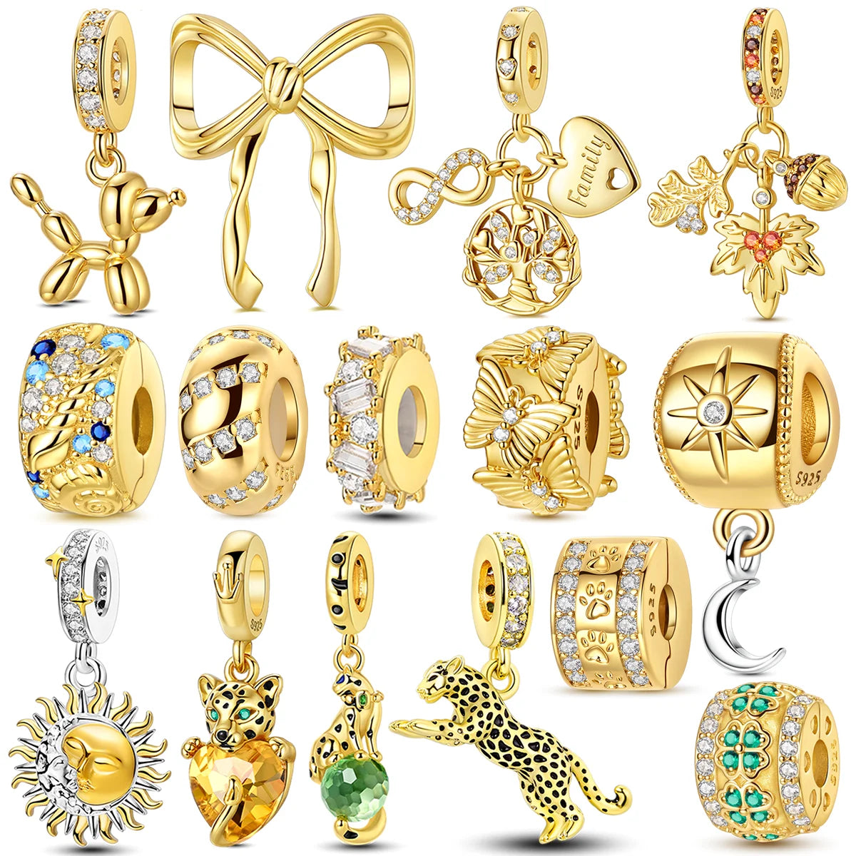 Gold-Serie, DIY-Charms, Original-Charms aus 925er-Sterlingsilber mit eingelegtem Zirkonium, Sonnen- und Leoparden-Anhänger, passend für Armbänder, Schmuck, Geschenkmarkierung